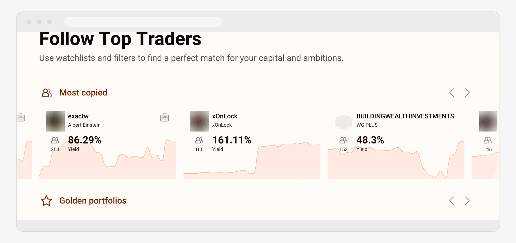 Интерфейс CopyFX: витрина самых копируемых трейдеров RoboForex с доходностью и числом подписчиков