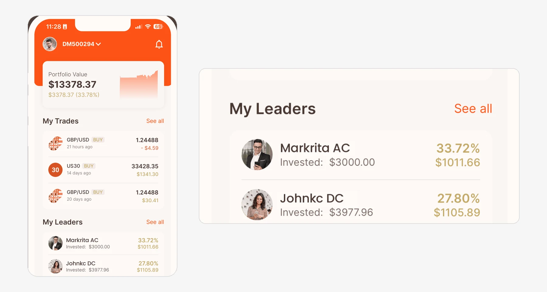 Интерфейс ZuluTrade: портфель подписчика, список сделок и лидеры, которых он копирует
